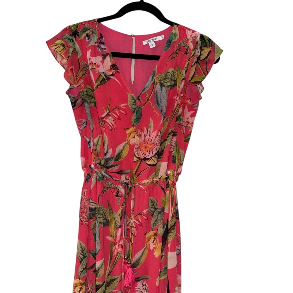 Chico's Vibrant Floral Maxi Dress with Tassel Tie , fully lined.
